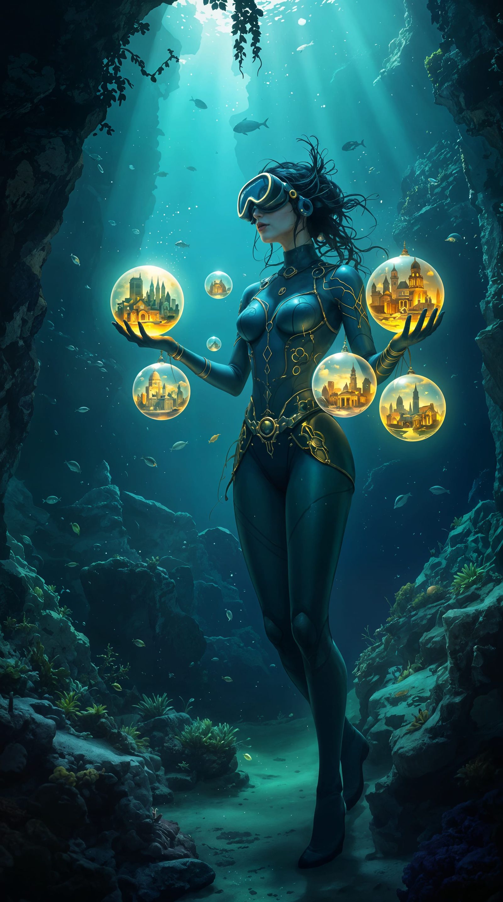 Elegant Diver Discovers Glowing Wonders Among Sunken Ruins