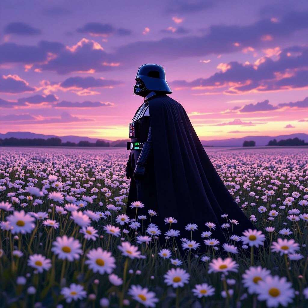 Darth Vader in Daisy Field Under Purple Twilight Sky