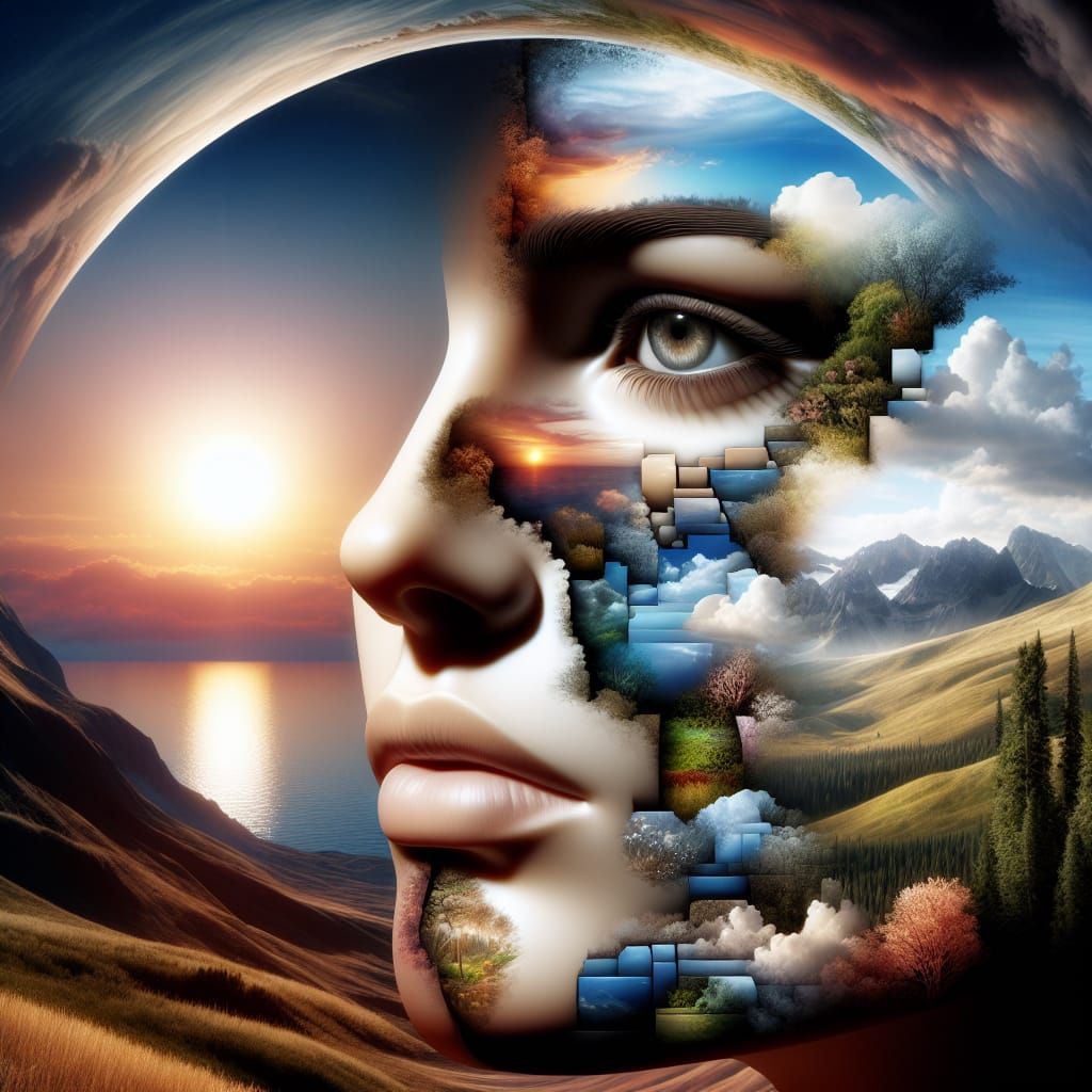 Fragmented Face in Surreal Landscapes: Hyperrealistic Art