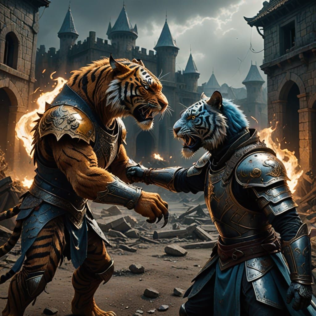 Armored Tigers Clash in Dark Fantasy Ruins