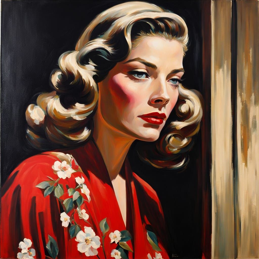 Lauren Bacall Oil Portrait in Silk Kimono