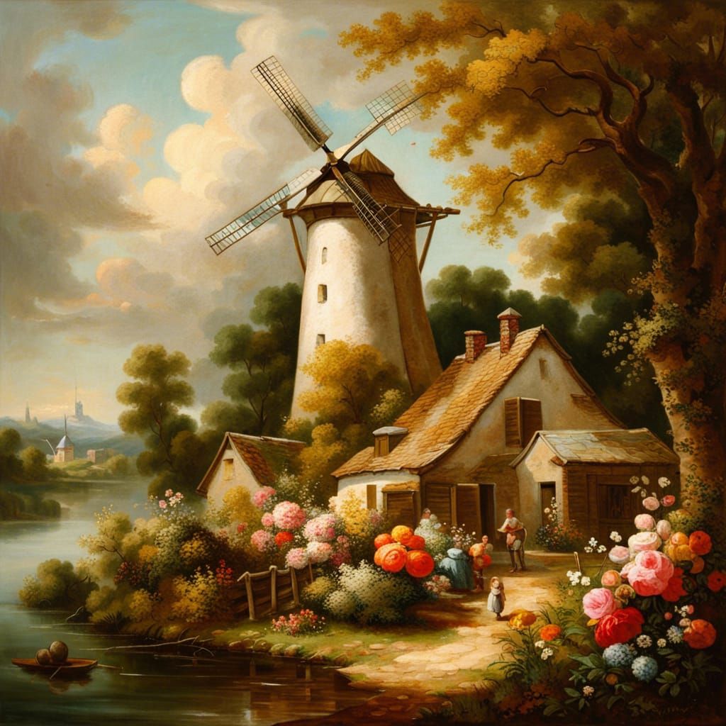 Windmill Village: Detailed Oil Painting in Artstation Style