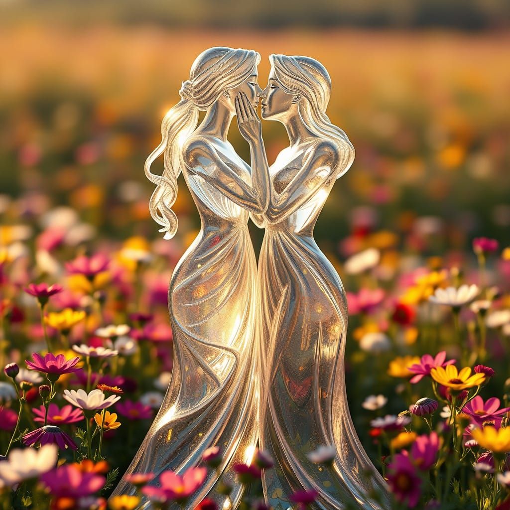 Ethereal Glass Statues Share a Tender Kiss in a Vibrant Flor...