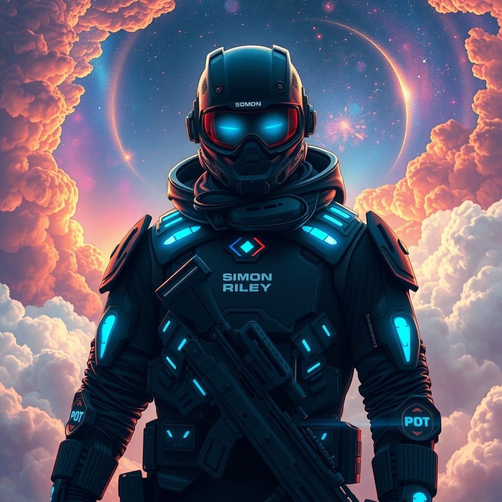 Futuristic Soldier in Cosmic Dreamscape, Holographic Illustr...