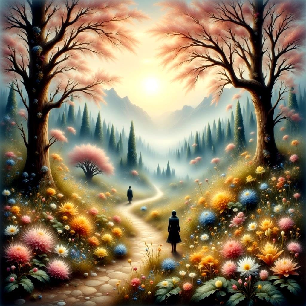 Romantic Enchanted Dreamscape in Antique Watercolor Style