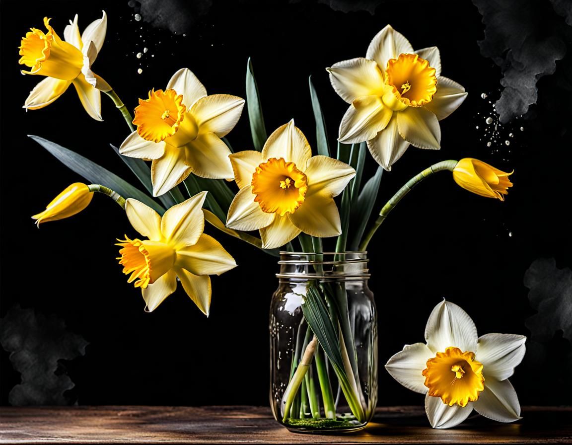 Daffodils in Mason Jar: Watercolor Splash Art