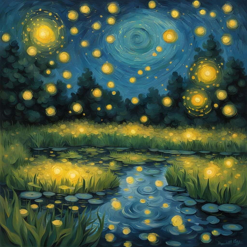 Fireflies Dance Over Pond: Impressionist Style