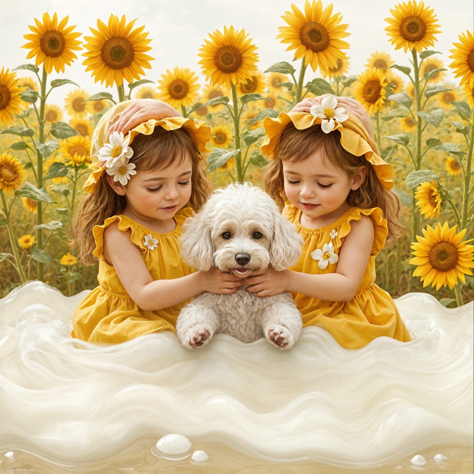Sunny Afternoon in a Sunflower Field with Playful Twin Girls...