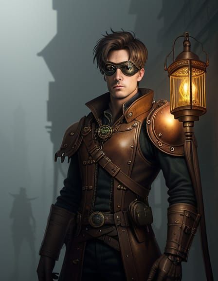 Steampunk Figure in Foggy Alleyway