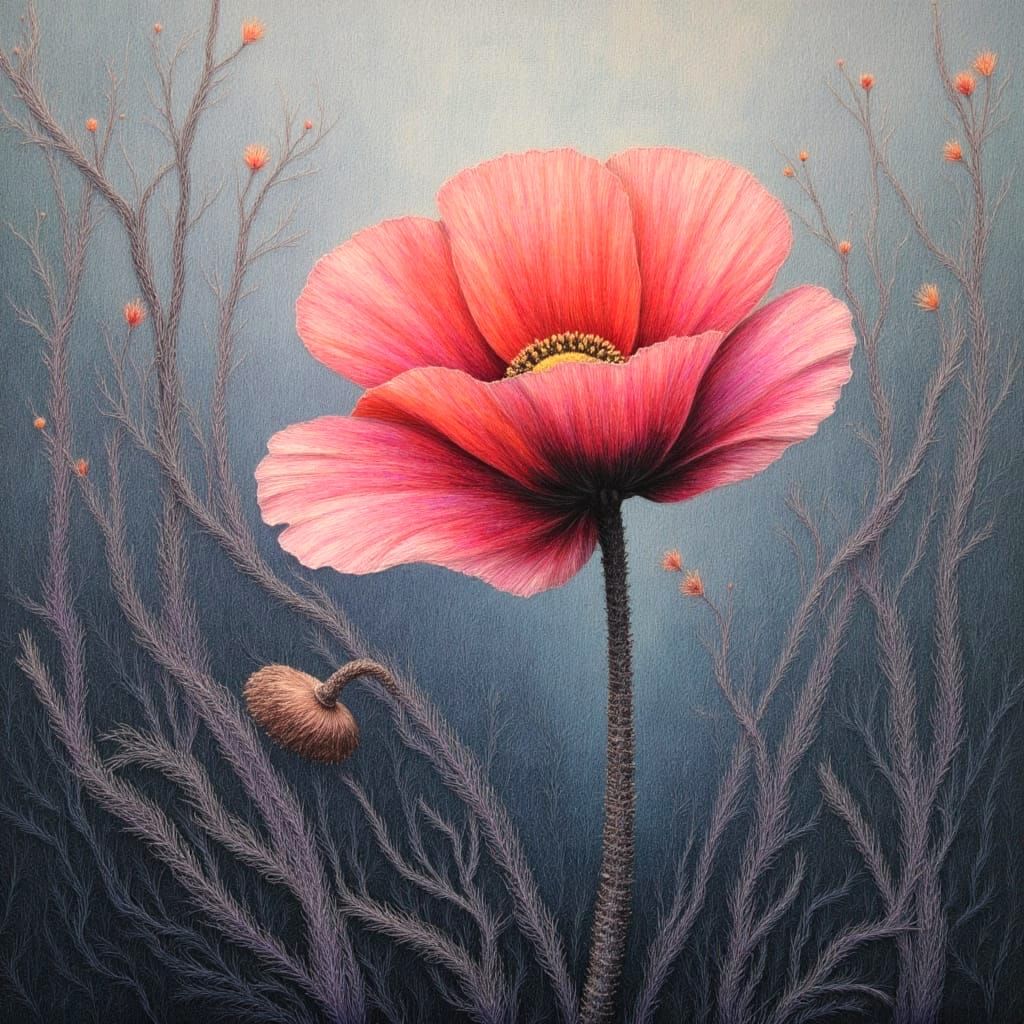 Stark, the branches wait,
Not dead, but in quiet song.
Blossom's kiss to come. A poppy blooms.