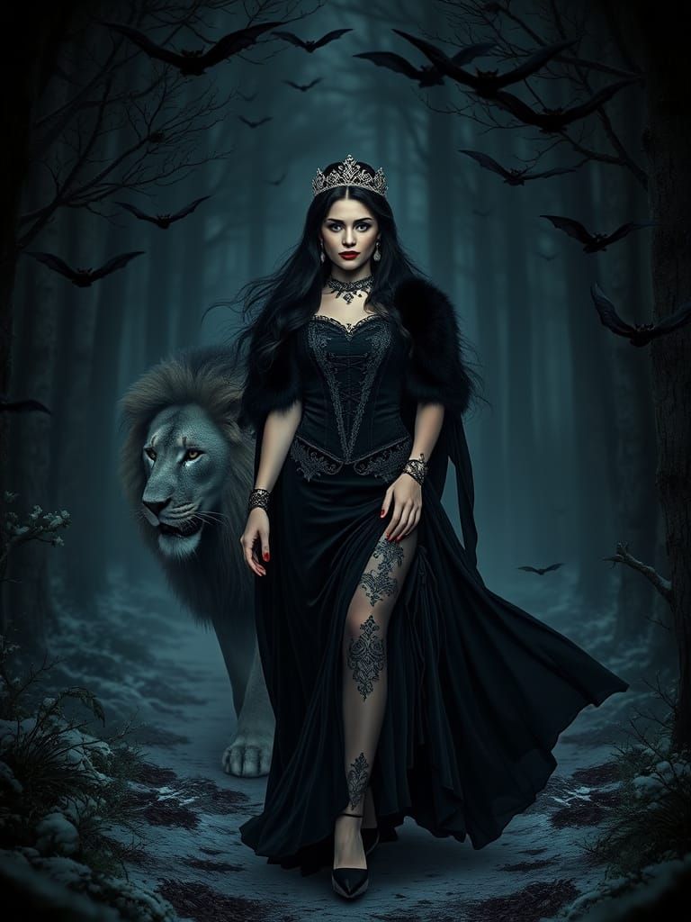 Vampirella and Lion in Snowy Forest at Night