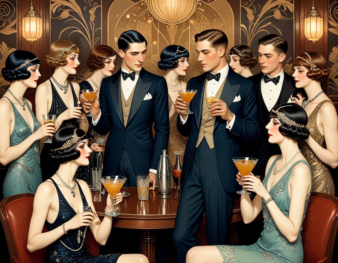 1920s Flapper Girls in Art Deco Jazz Club