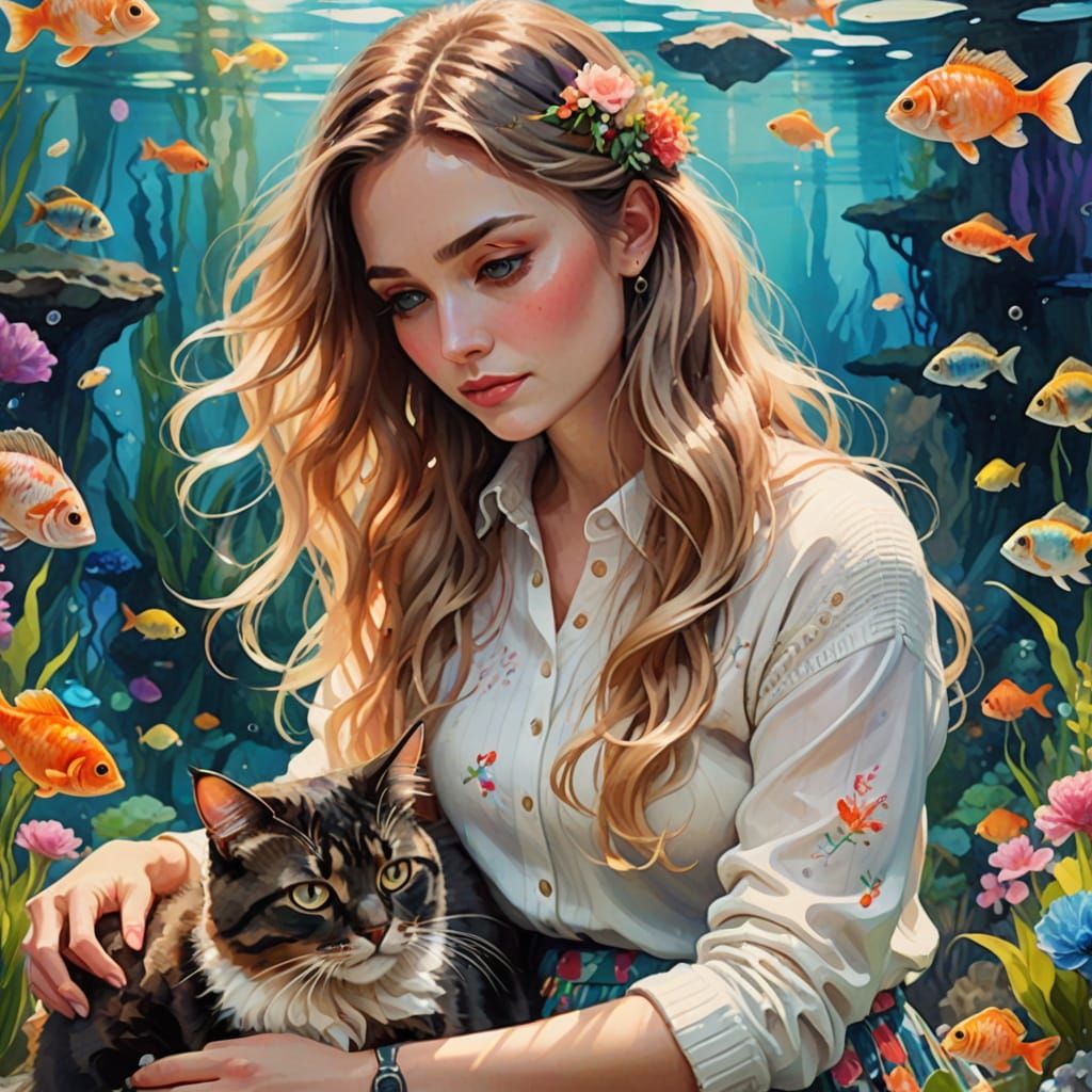 Whimsical Watercolor Cat and Woman Gaze at Fish in Aquarium