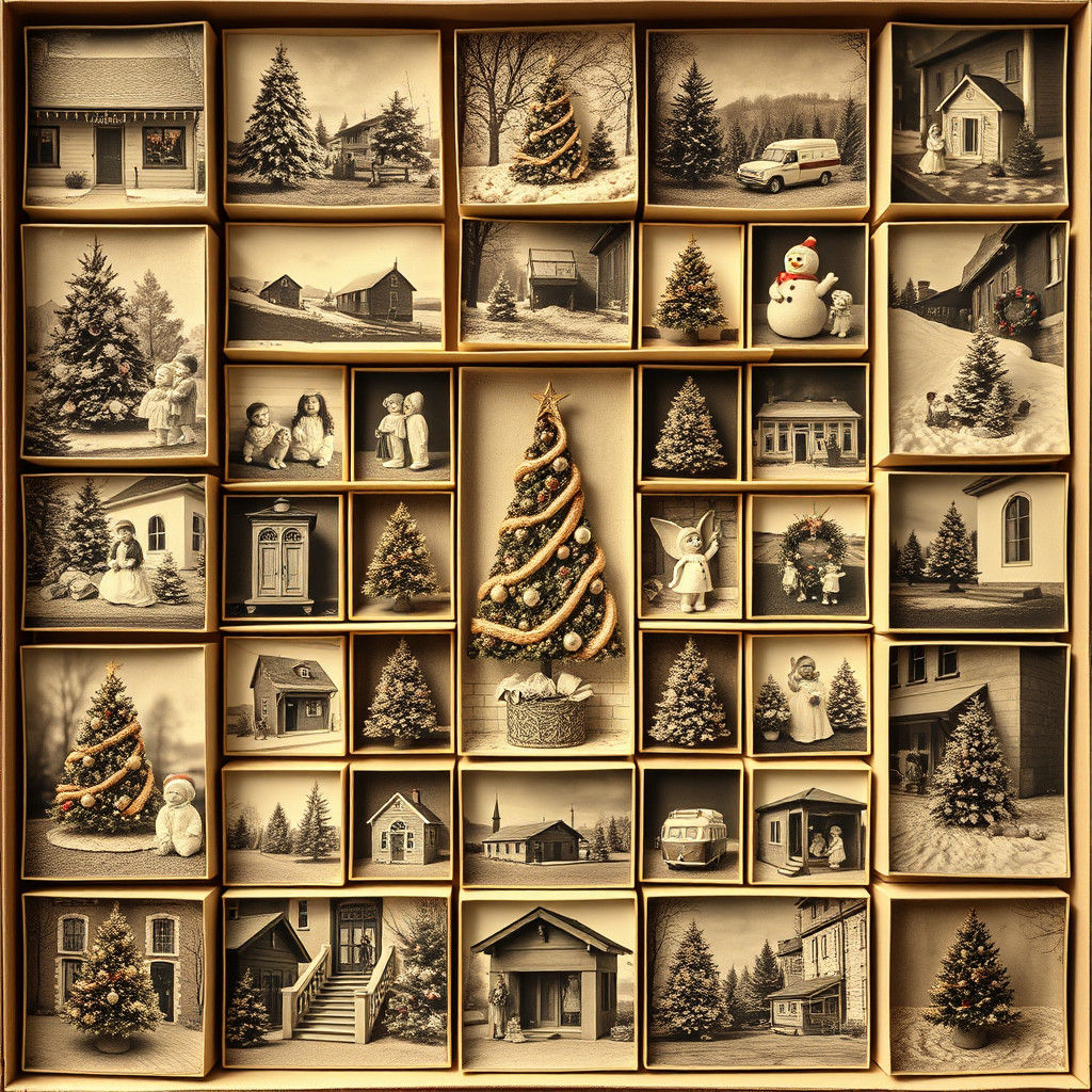 Vintage Sepia Christmas Photos in Organized Knolling Grid