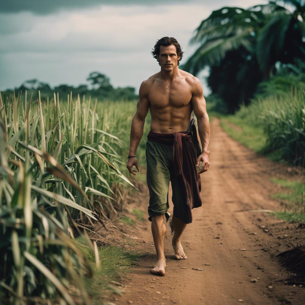 Cinematic Film Still: Man in Sugarcane Field