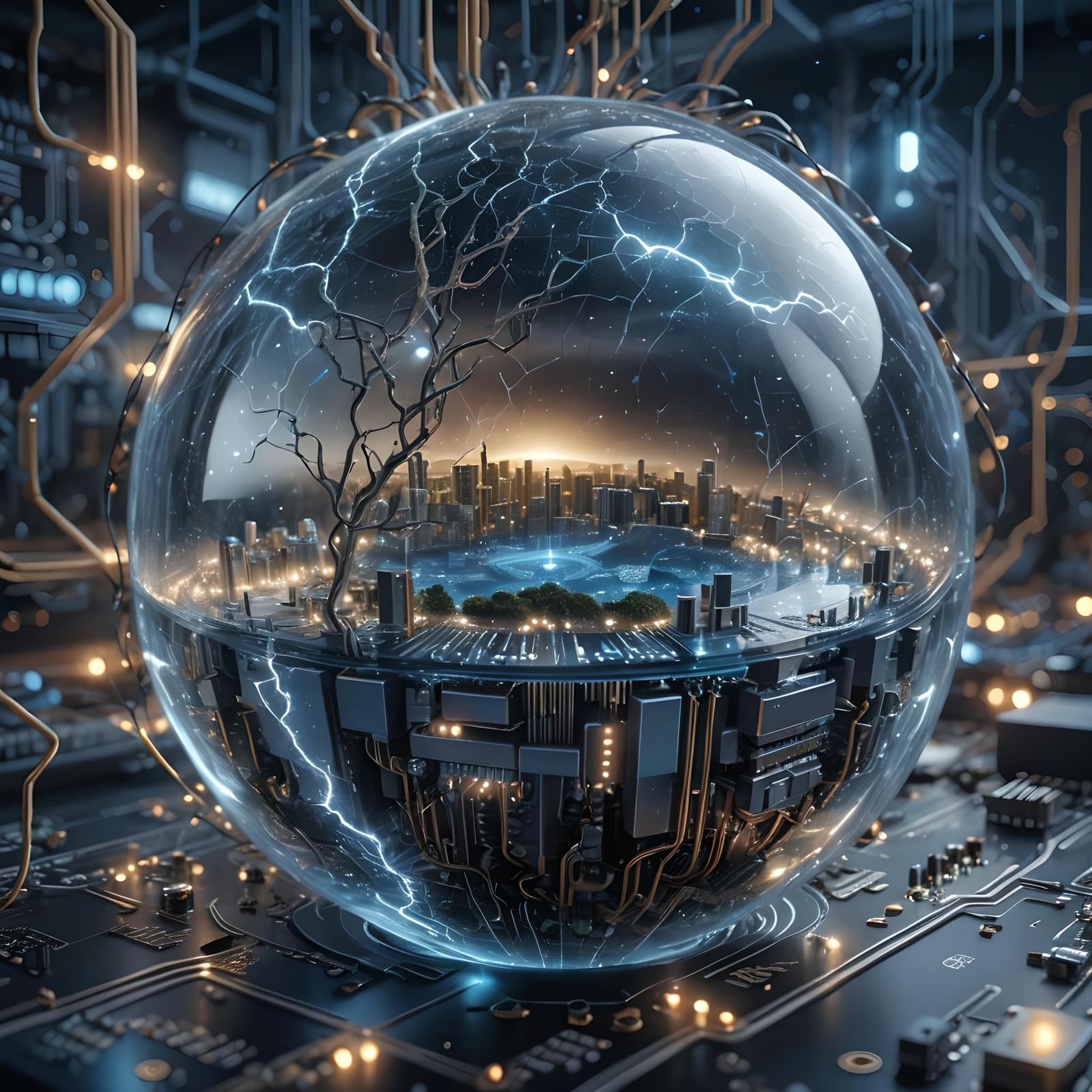 Surreal Circuit Board Landscape in Glass Sphere