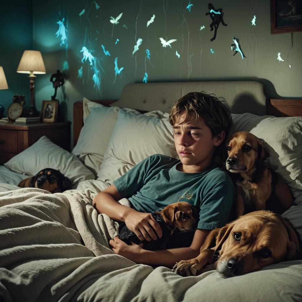 Boy Comforted by Spectral Dogs: Cinematic Film Still