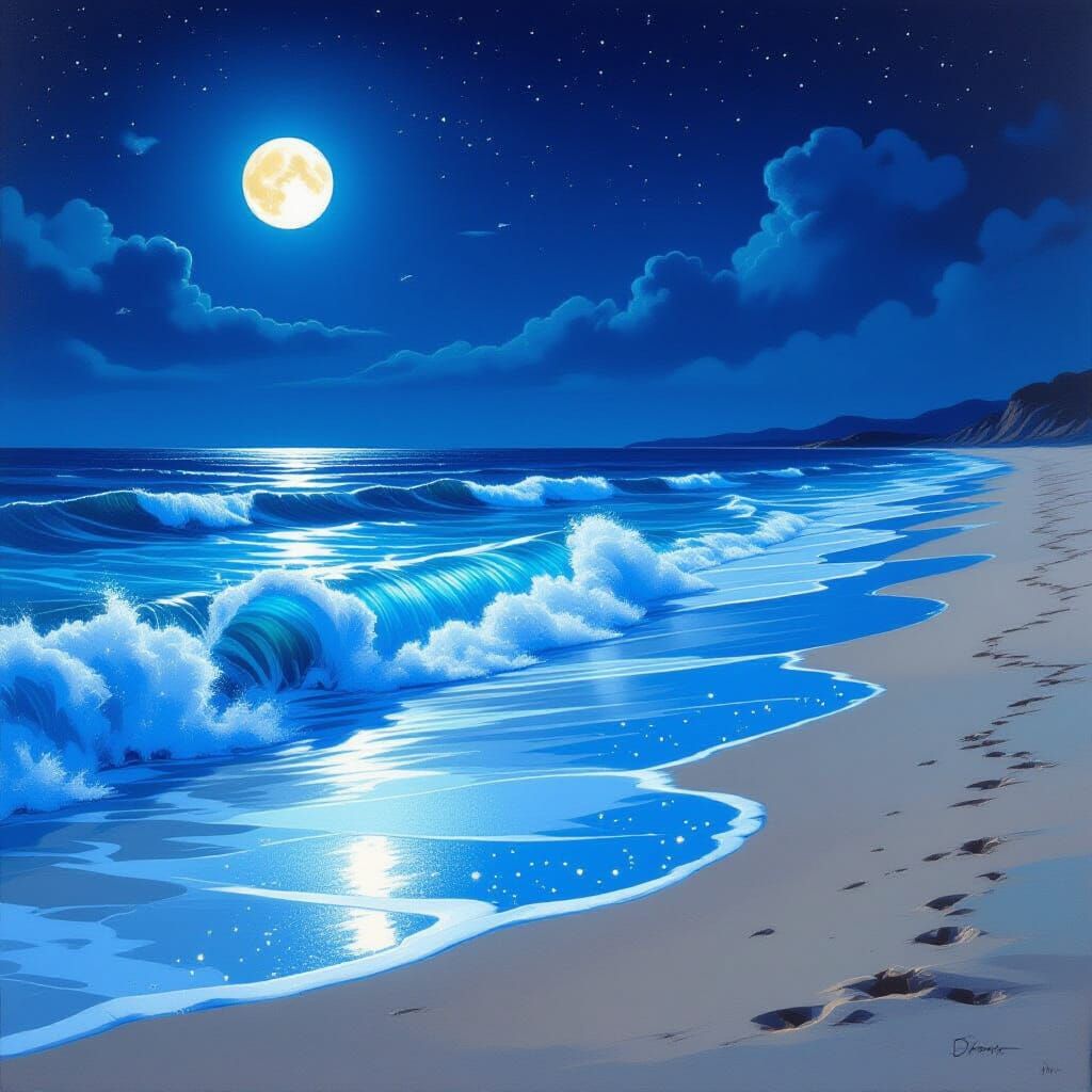 Bioluminescent Wave at Night: A Surreal Dreamscape