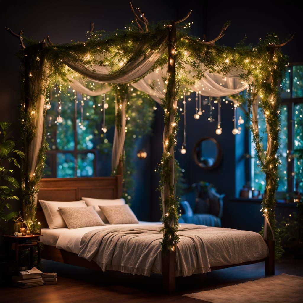 Romantic Four-Poster Bed with Enchanted Canopy and Fairy Lig...