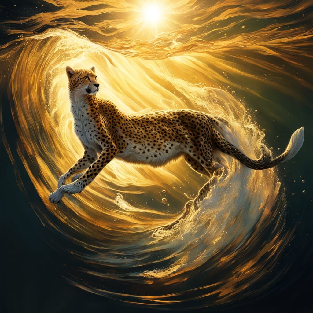 Cheetah-Mermaid Chimera Dives into Golden Water at Sunset