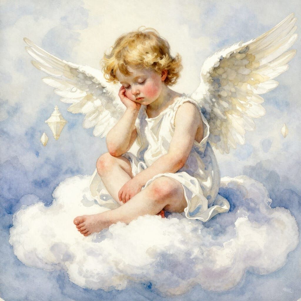 Pensive Angel Sitting on Cloud, Realistic Watercolor