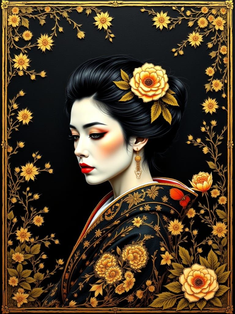 Gothic Geisha in Zen Garden Tarot Card by Mucha