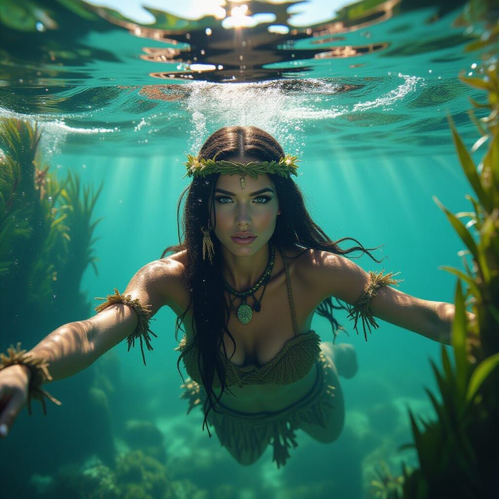 Cavewoman Swimming Underwater in Serene Lake