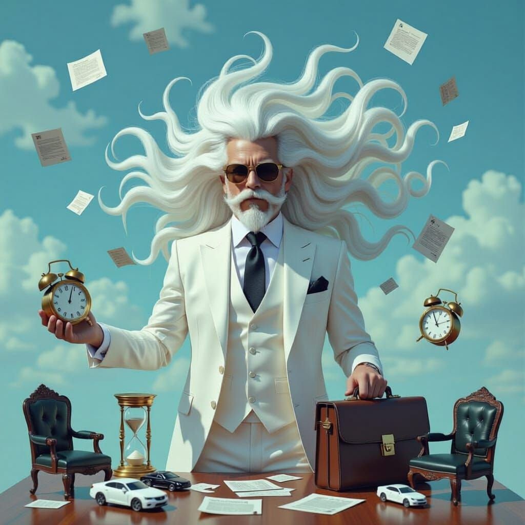 Surreal Businessman Portrait with Time and Commerce