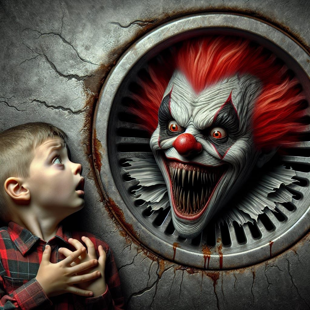 Frightful Jester in Drain: Gothic Horror Scene
