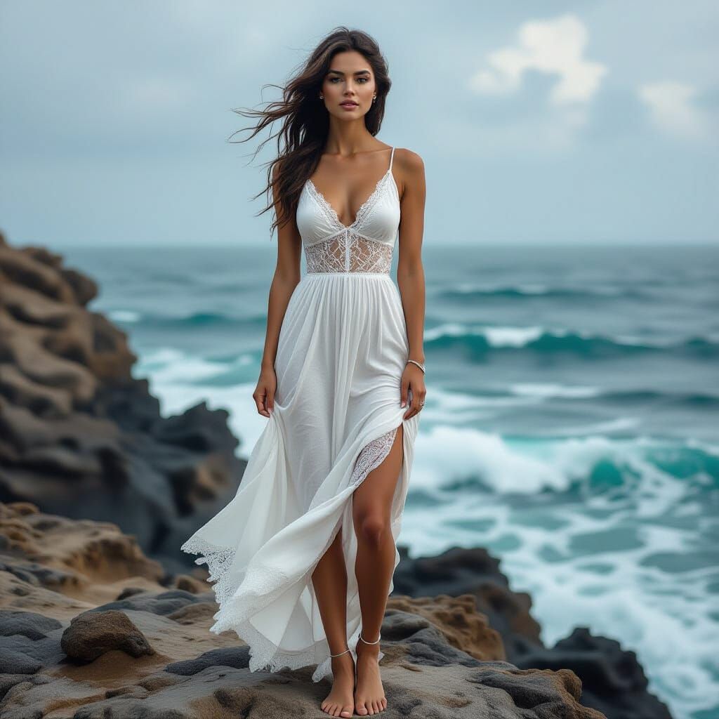 Woman on Rocky Cliff in Baroque Style