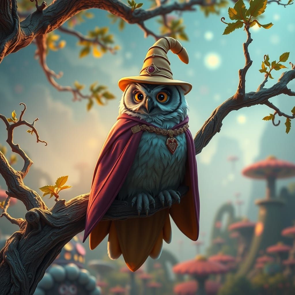 Wise Owl Wizard in a Surreal Landscape