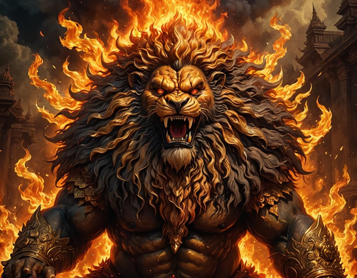 Fiery Portrait of Narasimha in Surreal Fantasy Style