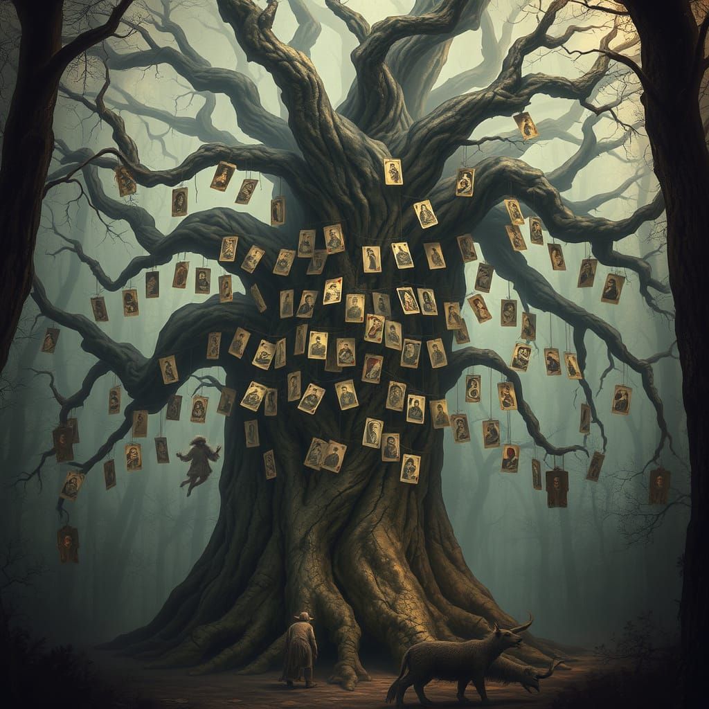 Ancient Tree of Fate with Playing Cards in Misty Forest