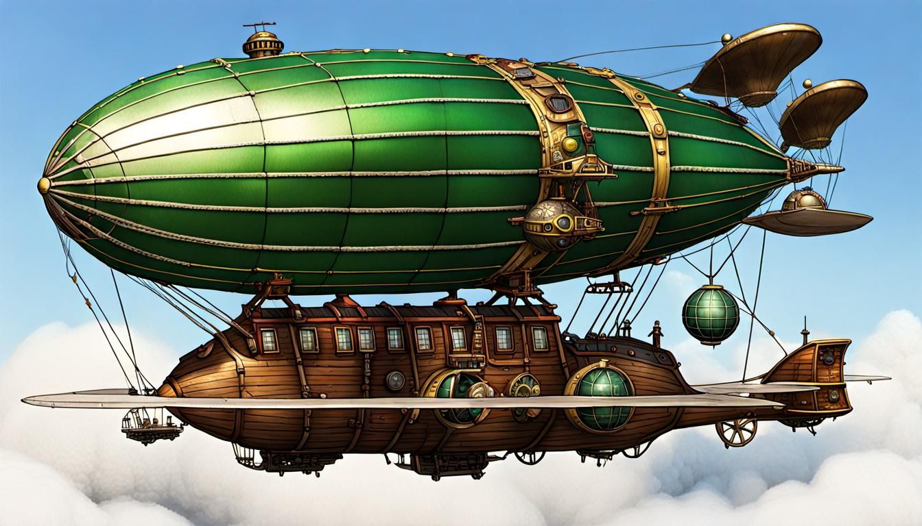 Steampunk Airship with Runway and Green-Clad Crew