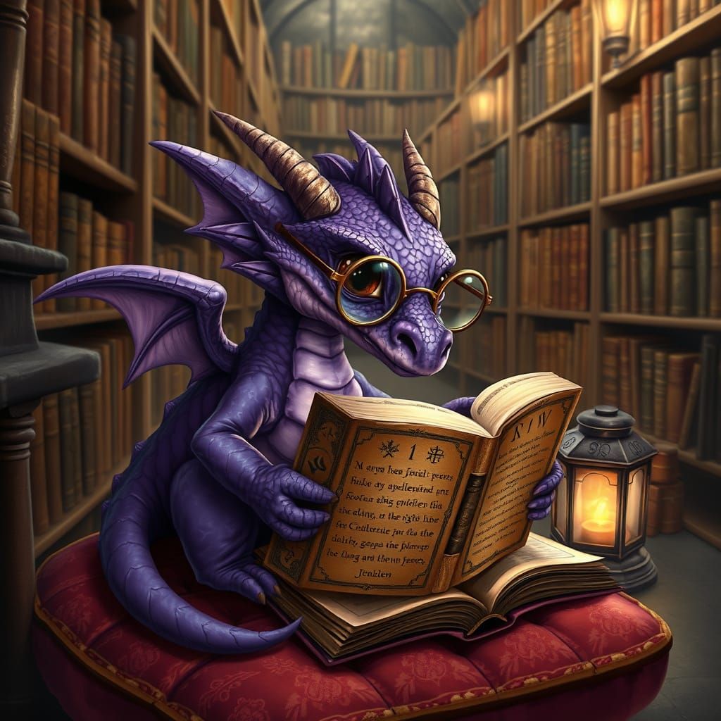 Whimsical Fantasy Dragon Reads Ancient Tome