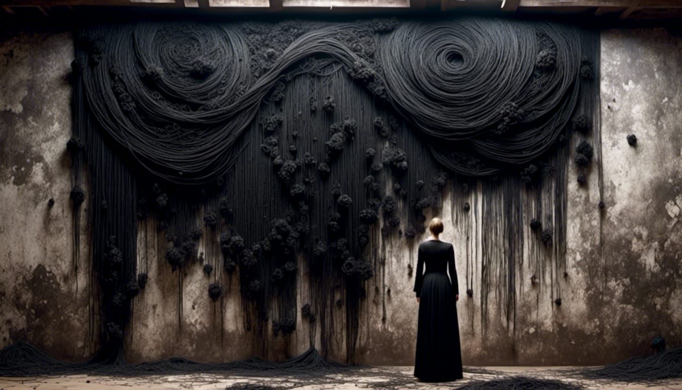 Hanging Black Yarn Installation on Decaying Wall