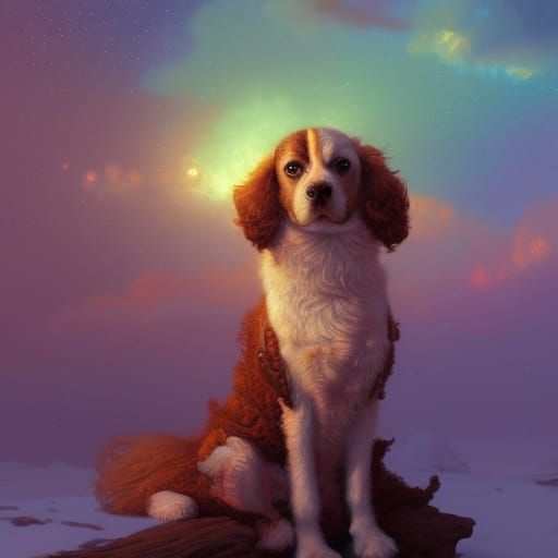 Dog Portrait with Rainbow Colors and Sunset