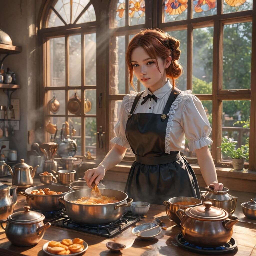 Anime French Maid Cooks Breakfast in Cozy Kitchen
