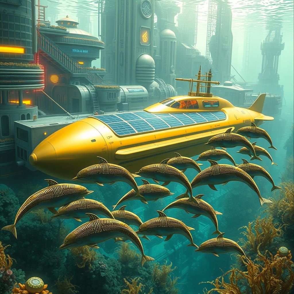 Golden Submarine in Futuristic Underwater Metropolis with Cy...