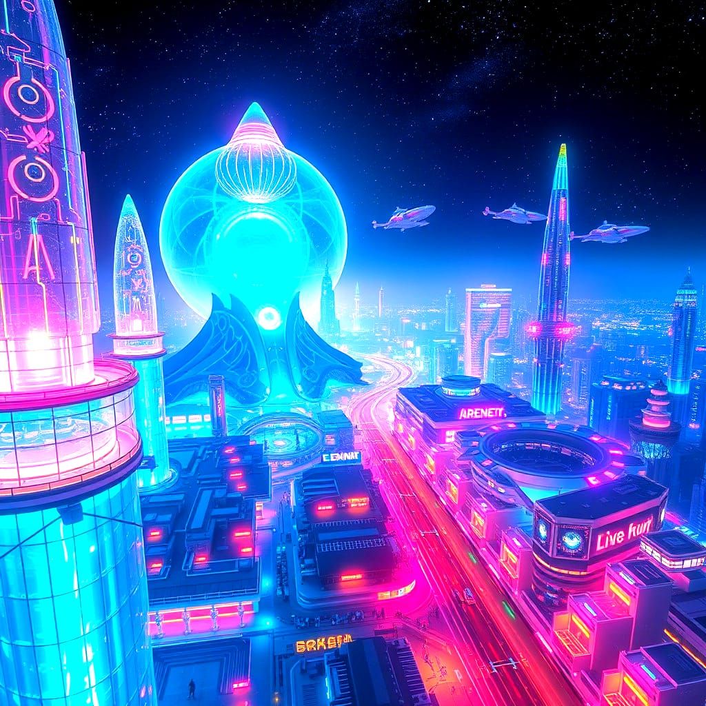 Epic Futuristic Spaceport at Night, a Translucent Biolumines...