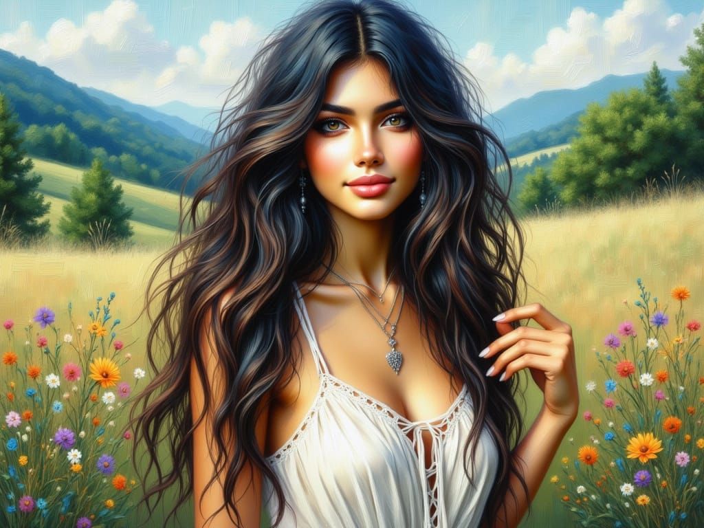 Serenely Beautiful Girl in a Lush Mountain Meadow