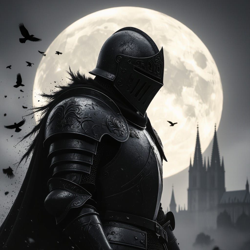 Medieval Knight Silhouette Under the Luminous Moon