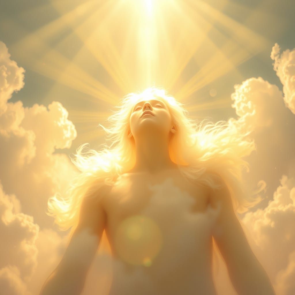 Celestial Being in Divine Light Amidst Swirling Clouds
