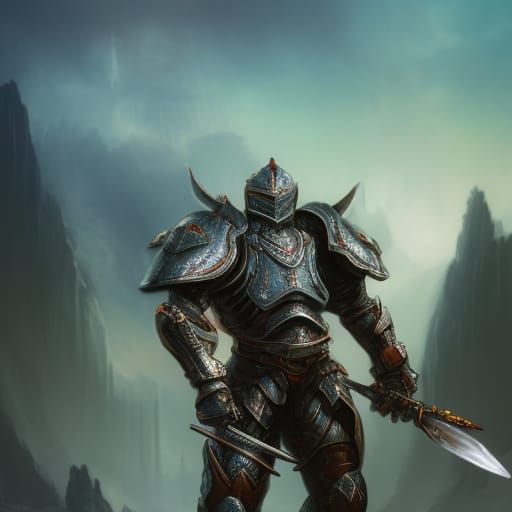 Armored Knight Warrior with Sword in Detailed Digital Painti...