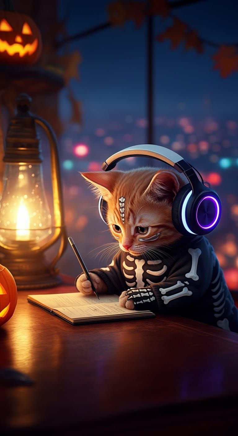 Halloween Kitten Lo-fi Scene in 3D Graphics