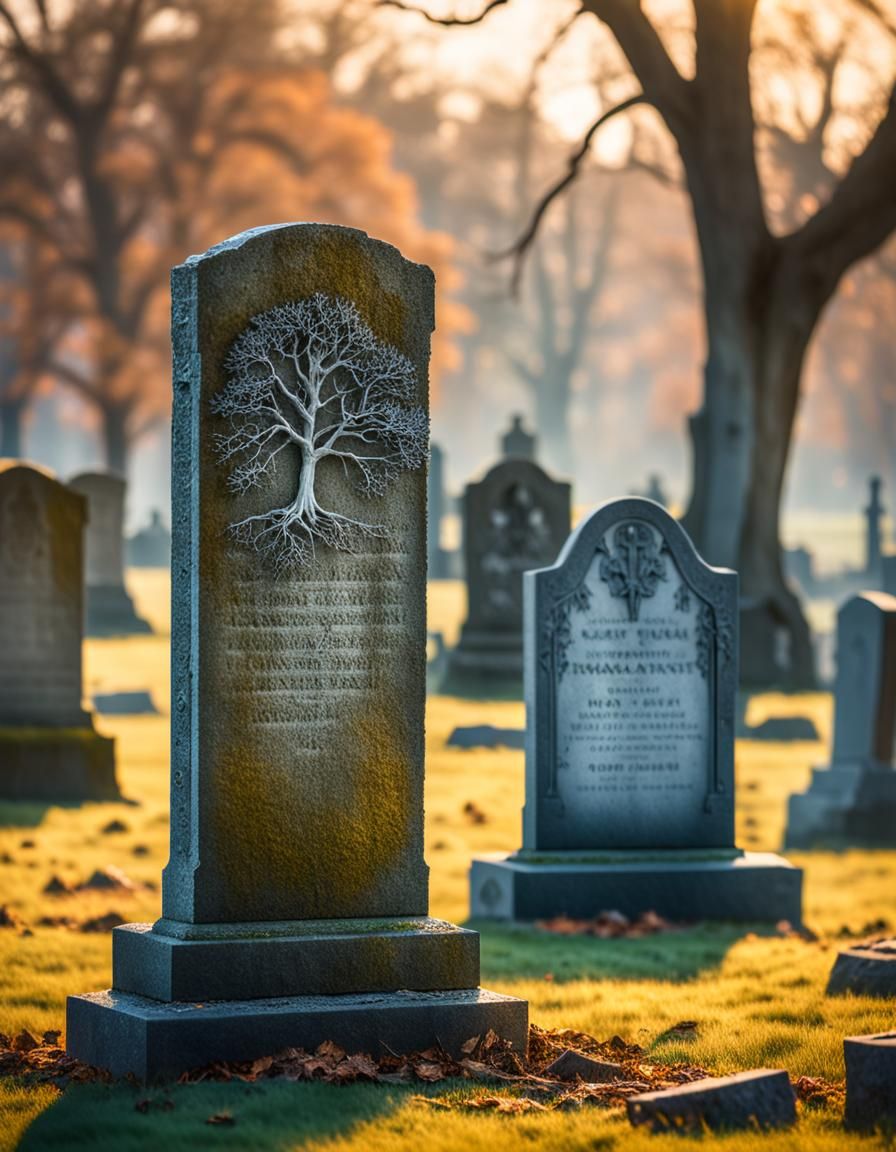 A bare tree stands behind two old gravestones in a field.