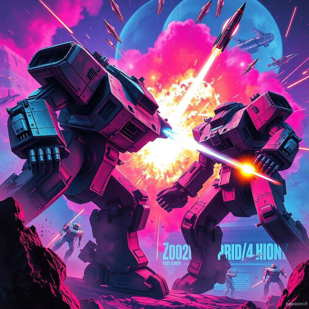 Mecha Robots Clash in 80s Synthwave Space Battle