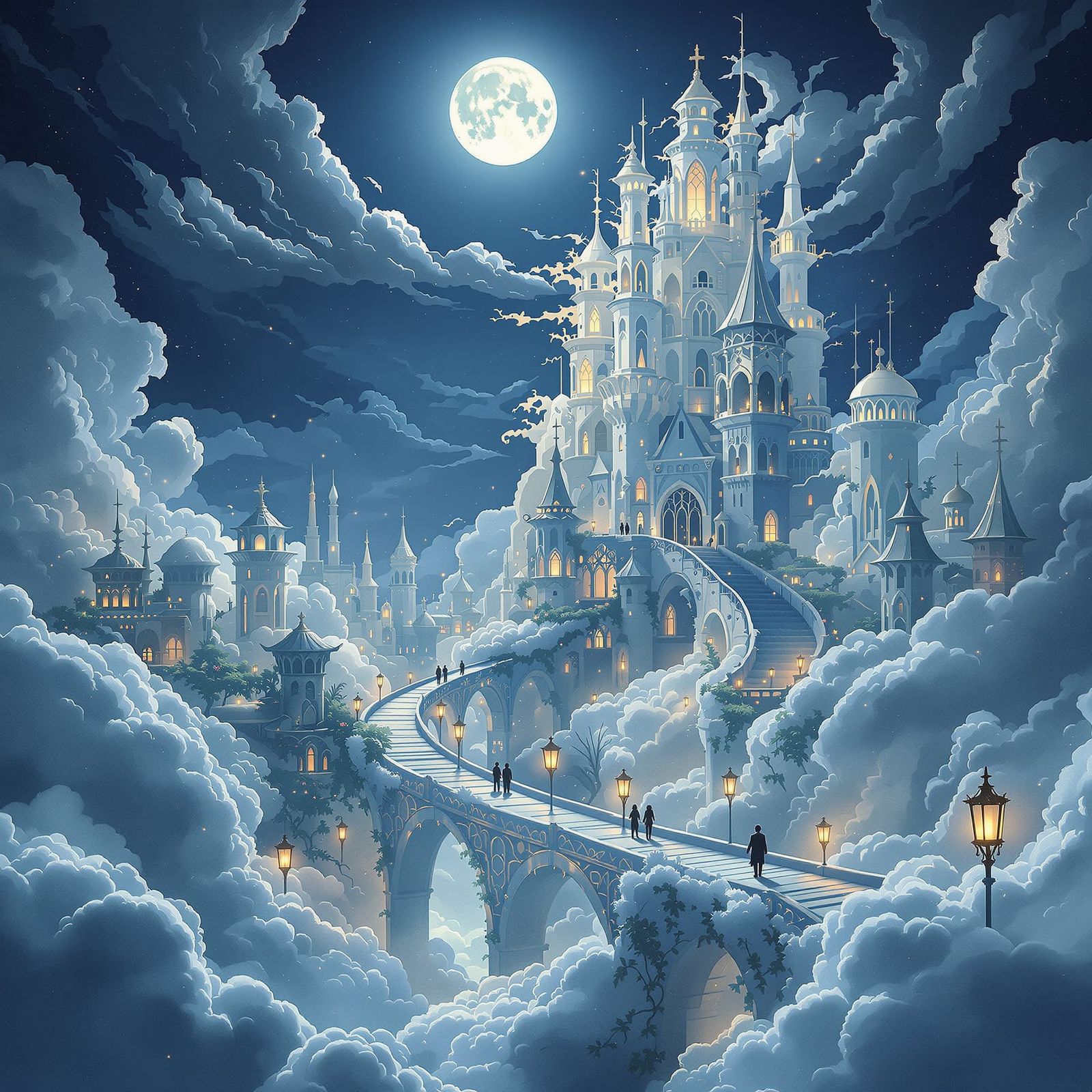 Surreal Cloud City Under Luminous Moon