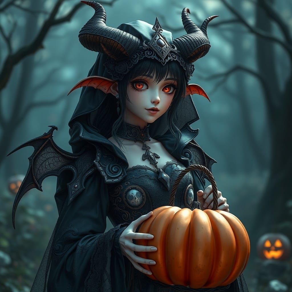Demonic Halloween Woman with Pumpkin Basket in Anime Style