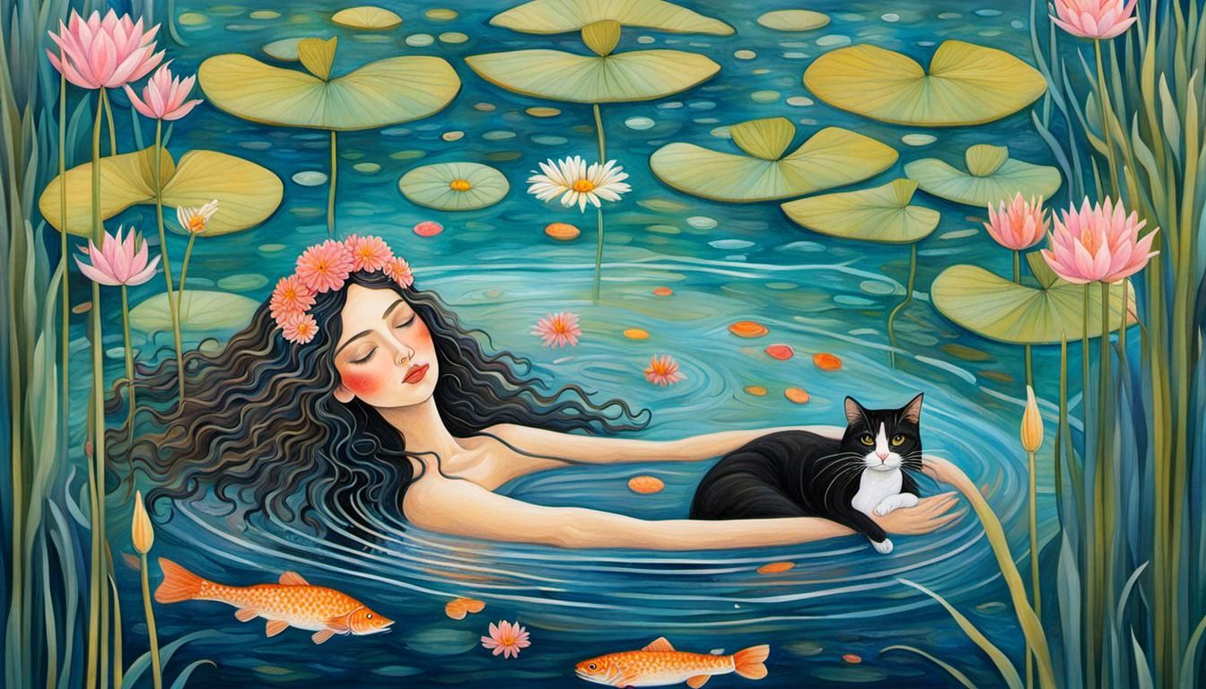 Woman Bathes with Cat in Pond: Art Nouveau Painting